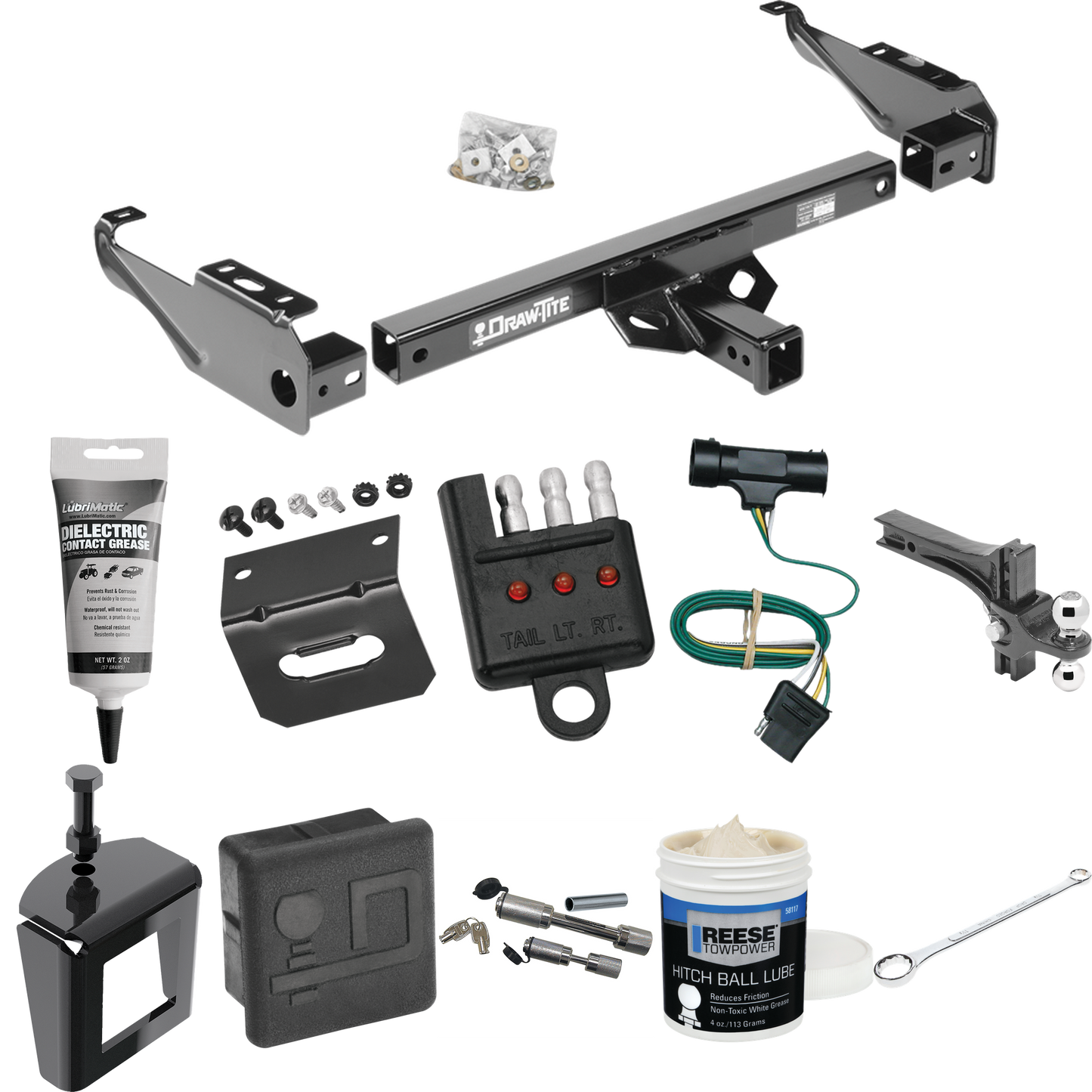 Fits 1979-1984 GMC C2500 Trailer Hitch Tow PKG w/ 4-Flat Wiring + Dual Adjustable Drop Rise Ball Ball Mount 2" & 2-5/16" Trailer Balls + Wiring Bracket + Hitch Cover + Dual Hitch & Coupler Locks + Wiring Tester + Ball Lube + Electric Grease + Ball Wr