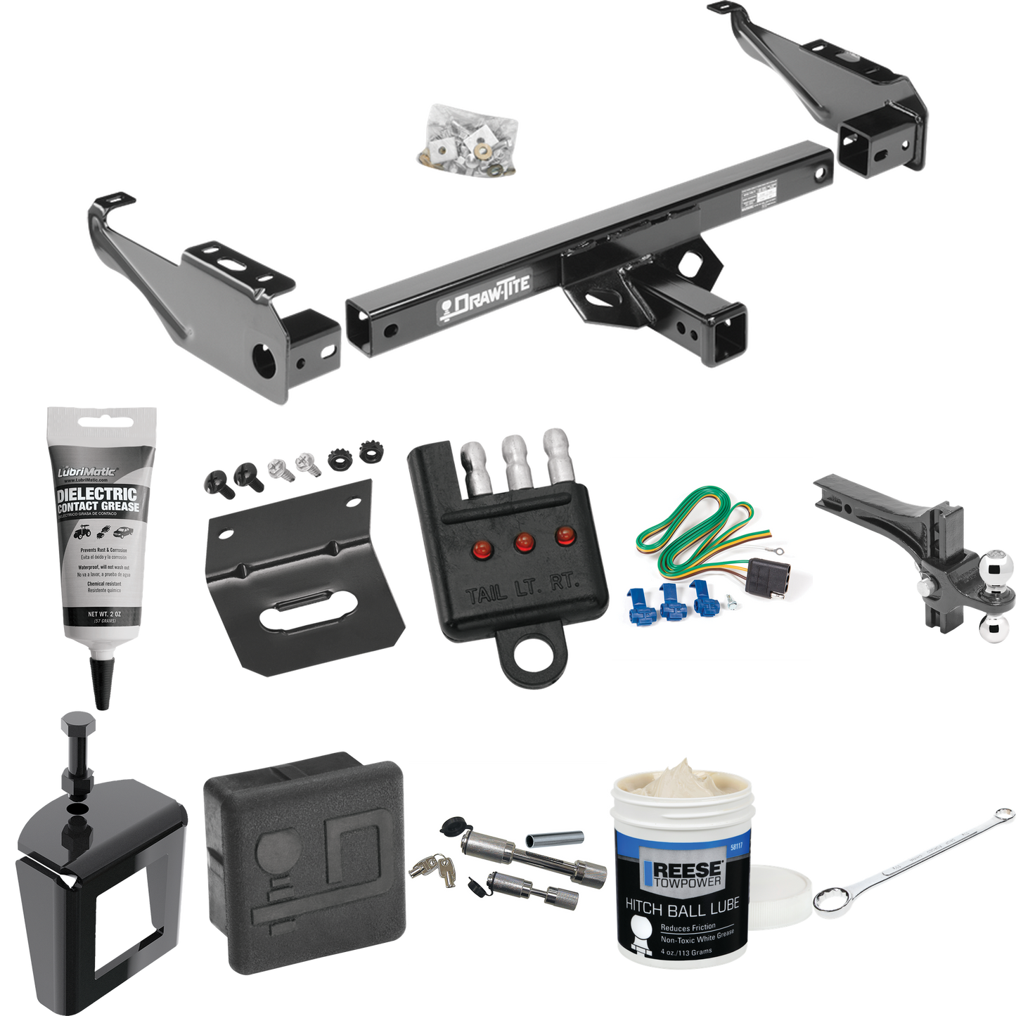 Fits 1963-1965 GMC 2500 Series Trailer Hitch Tow PKG w/ 4-Flat Wiring + Dual Adjustable Drop Rise Ball Ball Mount 2" & 2-5/16" Trailer Balls + Wiring Bracket + Hitch Cover + Dual Hitch & Coupler Locks + Wiring Tester + Ball Lube + Electric Grease + B