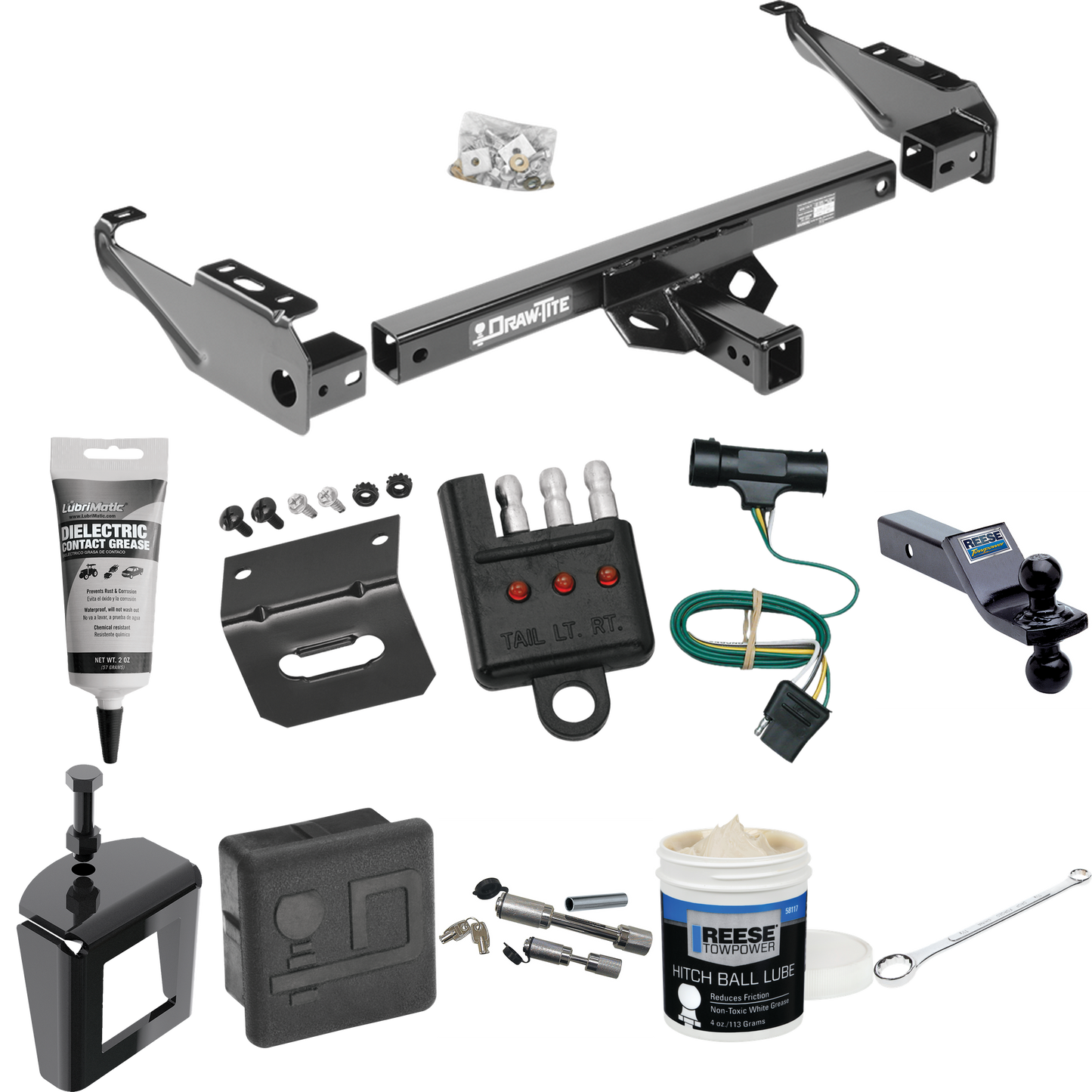 Fits 1979-1984 GMC C3500 Trailer Hitch Tow PKG w/ 4-Flat Wiring + Dual Ball Ball Mount 1-7/8" & 2" Trailer Balls + Wiring Bracket + Hitch Cover + Dual Hitch & Coupler Locks + Wiring Tester + Ball Lube + Electric Grease + Ball Wrench + Anti Rattle Dev