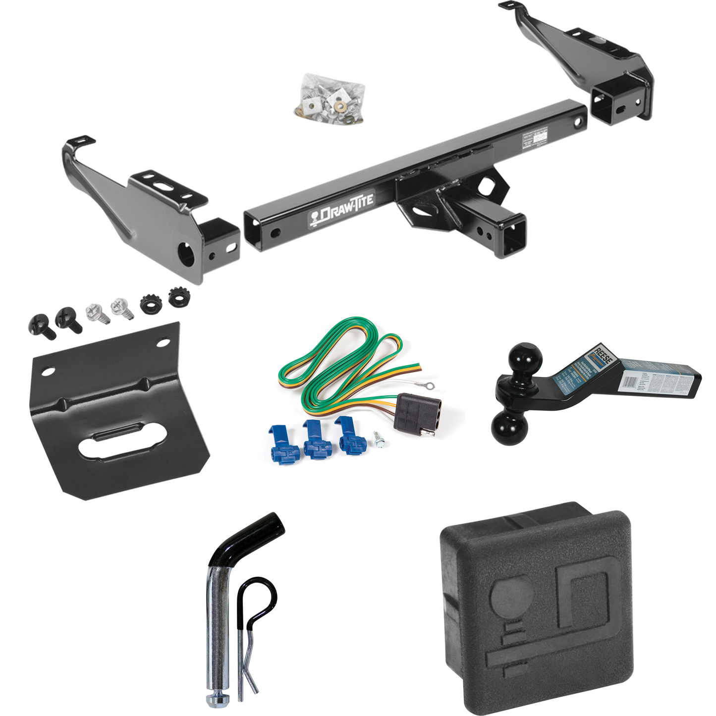 Fits 1974-1981 Plymouth Trailduster Trailer Hitch Tow PKG w/ 4-Flat Wiring + Dual Ball Ball Mount 2" & 2-5/16" Trailer Balls + Pin/Clip + Wiring Bracket + Hitch Cover (Excludes: w/Skid Shield Models) By Draw-Tite