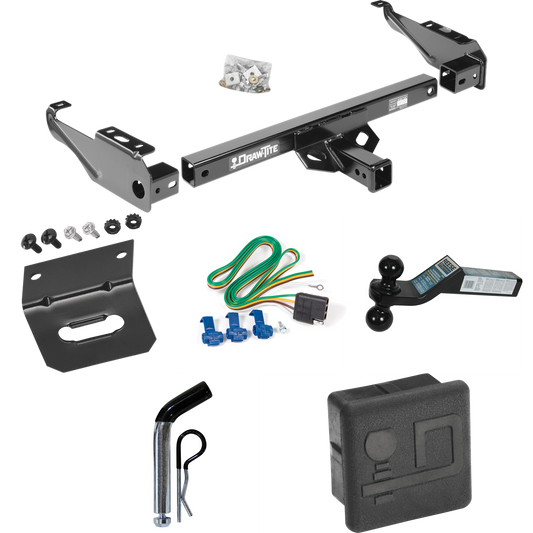 Fits 1974-1981 Plymouth Trailduster Trailer Hitch Tow PKG w/ 4-Flat Wiring + Dual Ball Ball Mount 2" & 2-5/16" Trailer Balls + Pin/Clip + Wiring Bracket + Hitch Cover (Excludes: w/Skid Shield Models) By Draw-Tite