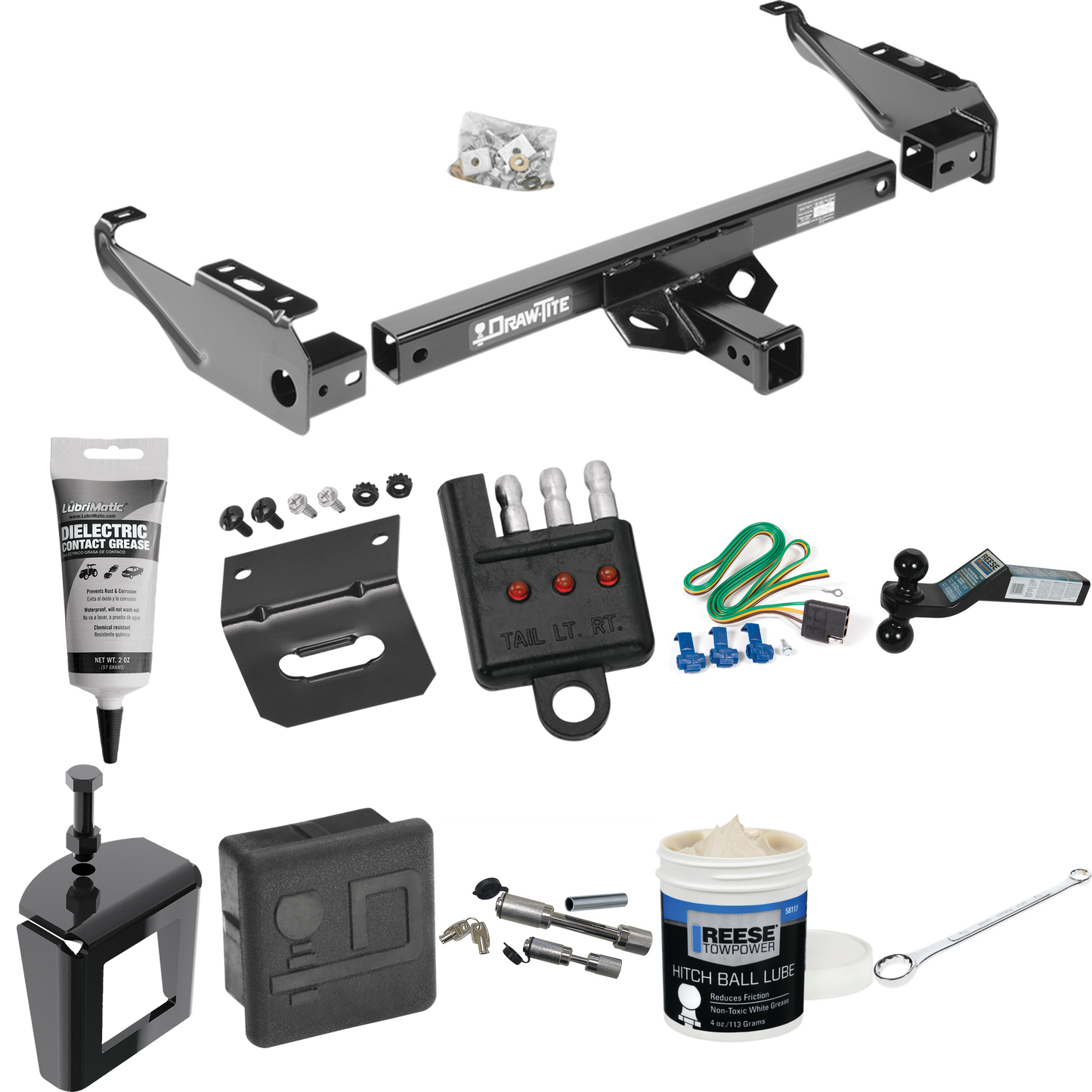 Fits 1967-1980 Dodge W300 Trailer Hitch Tow PKG w/ 4-Flat Wiring + Dual Ball Ball Mount 2" & 2-5/16" Trailer Balls + Wiring Bracket + Hitch Cover + Dual Hitch & Coupler Locks + Wiring Tester + Ball Lube + Electric Grease + Ball Wrench + Anti Rattle D