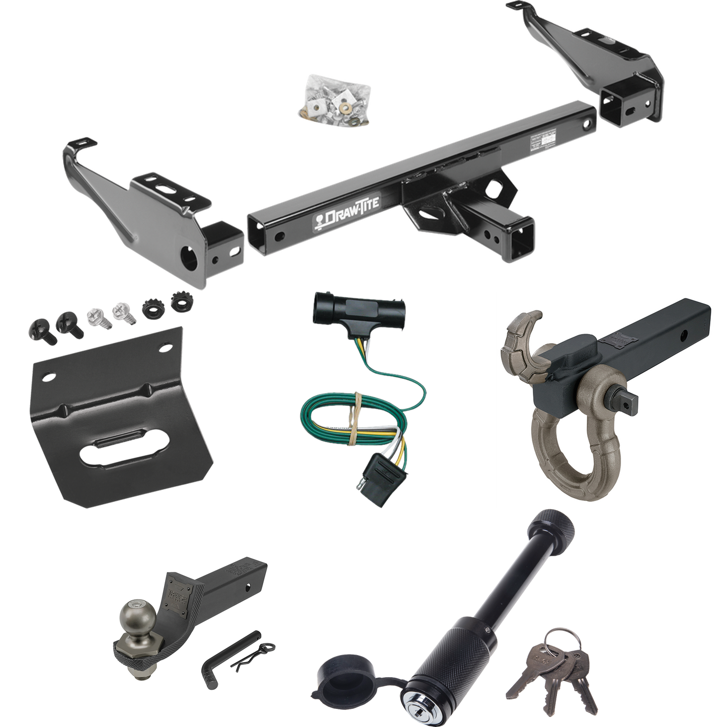 Fits 1979-1984 GMC C2500 Trailer Hitch Tow PKG w/ 4-Flat Wiring + Interlock Tactical Starter Kit w/ 2" Drop & 2" Ball + Tactical Hook & Shackle Mount + Tactical Dogbone Lock + Wiring Bracket By Draw-Tite