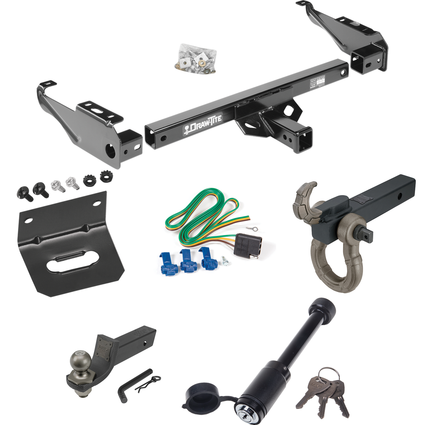 Fits 1981-1993 Dodge W350 Trailer Hitch Tow PKG w/ 4-Flat Wiring + Interlock Tactical Starter Kit w/ 2" Drop & 2" Ball + Tactical Hook & Shackle Mount + Tactical Dogbone Lock + Wiring Bracket By Draw-Tite