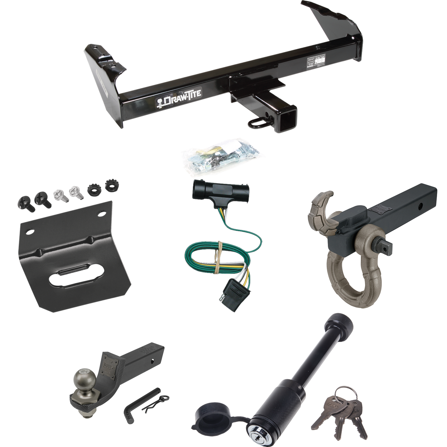 Fits 1975-1978 GMC K15 Trailer Hitch Tow PKG w/ 4-Flat Wiring + Interlock Tactical Starter Kit w/ 2" Drop & 2" Ball + Tactical Hook & Shackle Mount + Tactical Dogbone Lock + Wiring Bracket By Draw-Tite