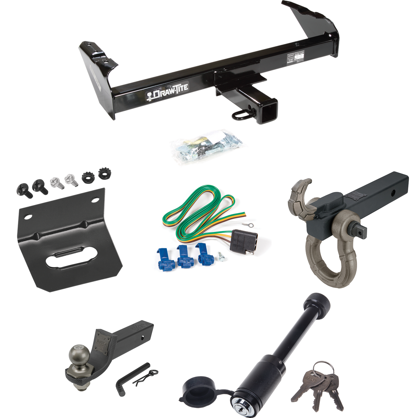 Fits 1967-1974 GMC C15/C1500 Trailer Hitch Tow PKG w/ 4-Flat Wiring + Interlock Tactical Starter Kit w/ 2" Drop & 2" Ball + Tactical Hook & Shackle Mount + Tactical Dogbone Lock + Wiring Bracket By Draw-Tite