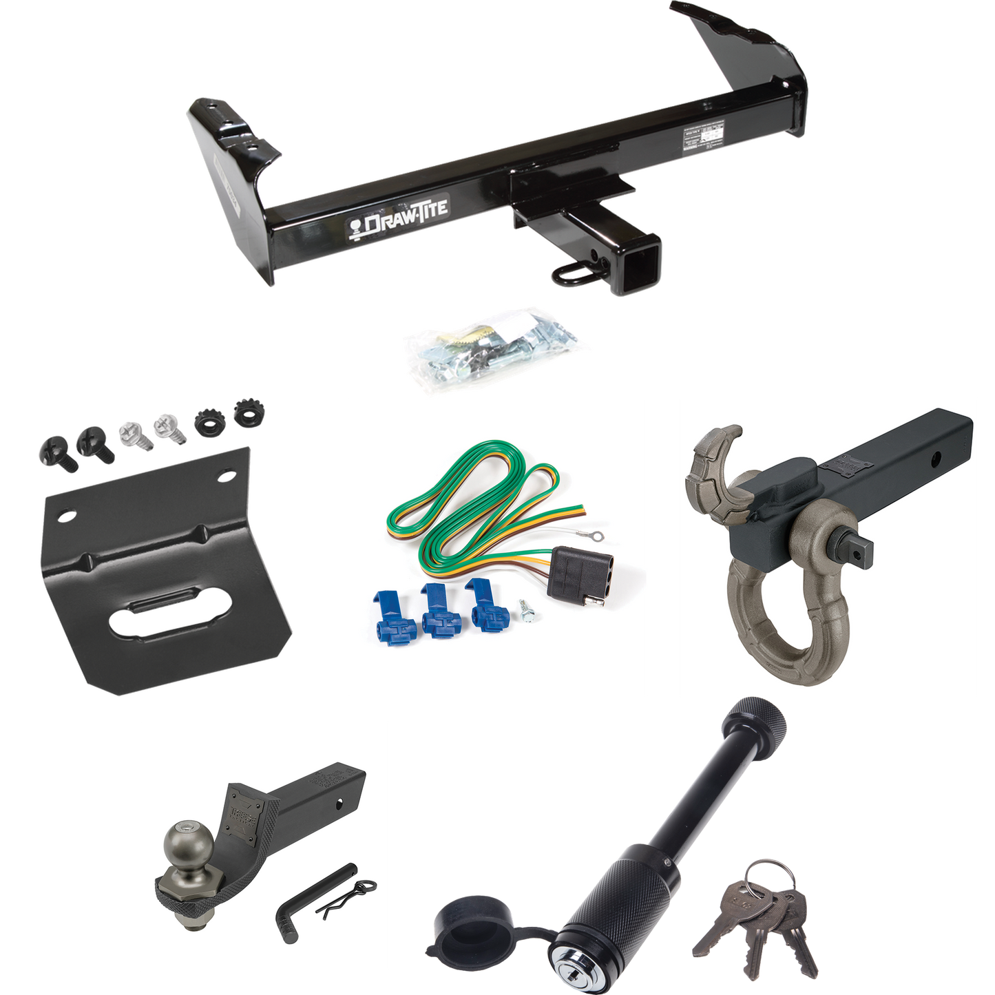 Fits 1963-1965 GMC 2500 Series Trailer Hitch Tow PKG w/ 4-Flat Wiring + Interlock Tactical Starter Kit w/ 2" Drop & 2" Ball + Tactical Hook & Shackle Mount + Tactical Dogbone Lock + Wiring Bracket By Draw-Tite