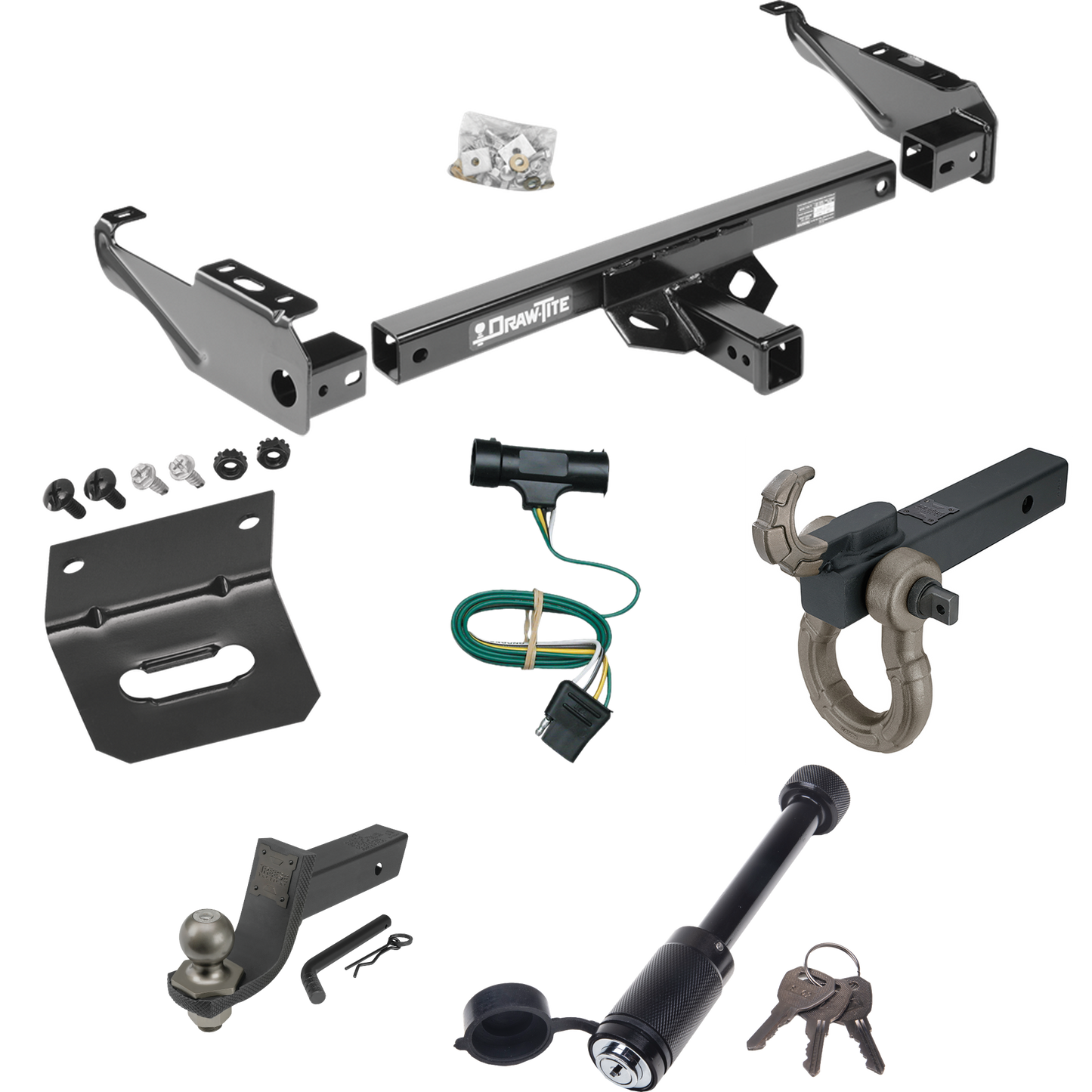 Fits 1979-1984 GMC C3500 Trailer Hitch Tow PKG w/ 4-Flat Wiring + Interlock Tactical Starter Kit w/ 3-1/4" Drop & 2" Ball + Tactical Hook & Shackle Mount + Tactical Dogbone Lock + Wiring Bracket By Draw-Tite