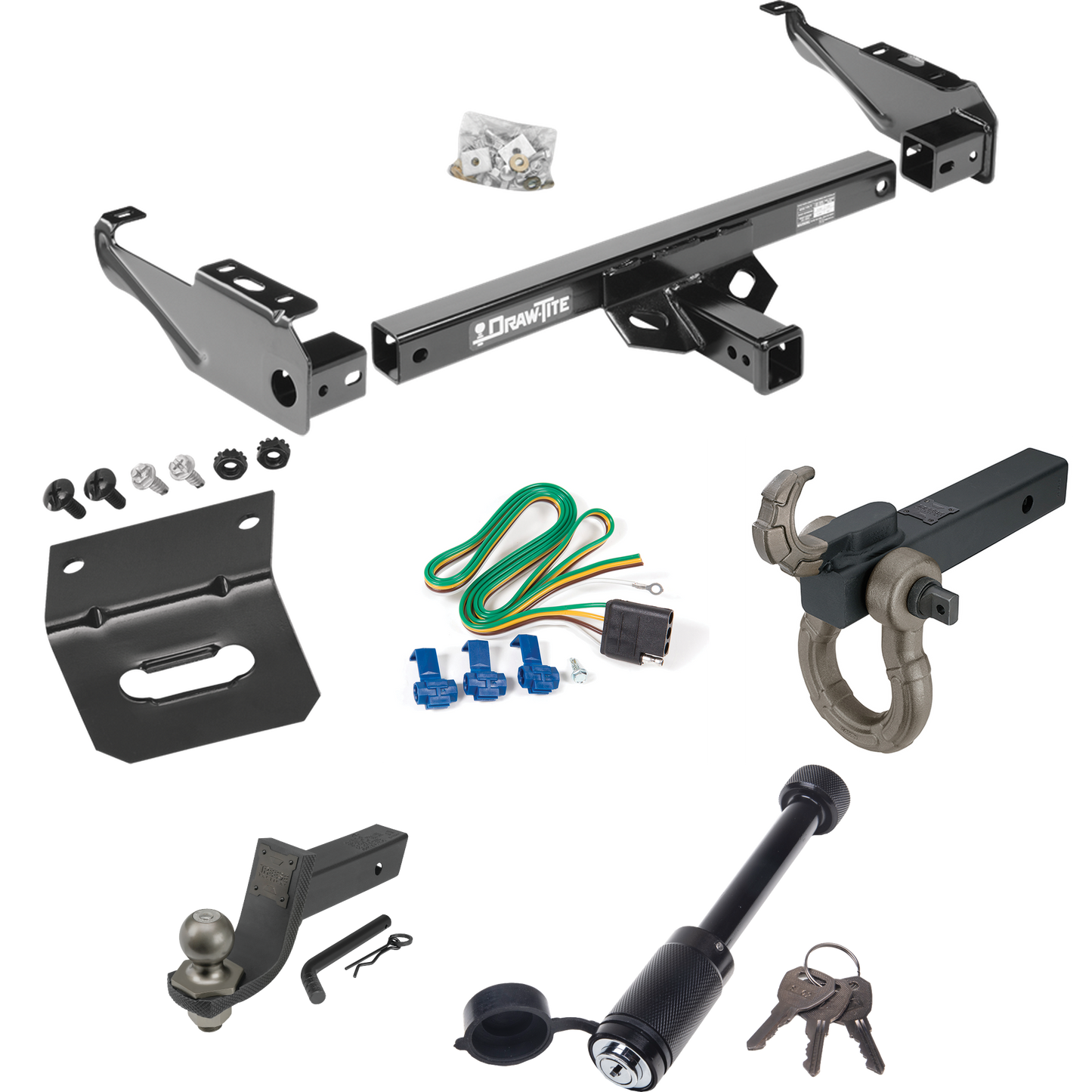 Fits 1981-1993 Dodge W350 Trailer Hitch Tow PKG w/ 4-Flat Wiring + Interlock Tactical Starter Kit w/ 3-1/4" Drop & 2" Ball + Tactical Hook & Shackle Mount + Tactical Dogbone Lock + Wiring Bracket By Draw-Tite