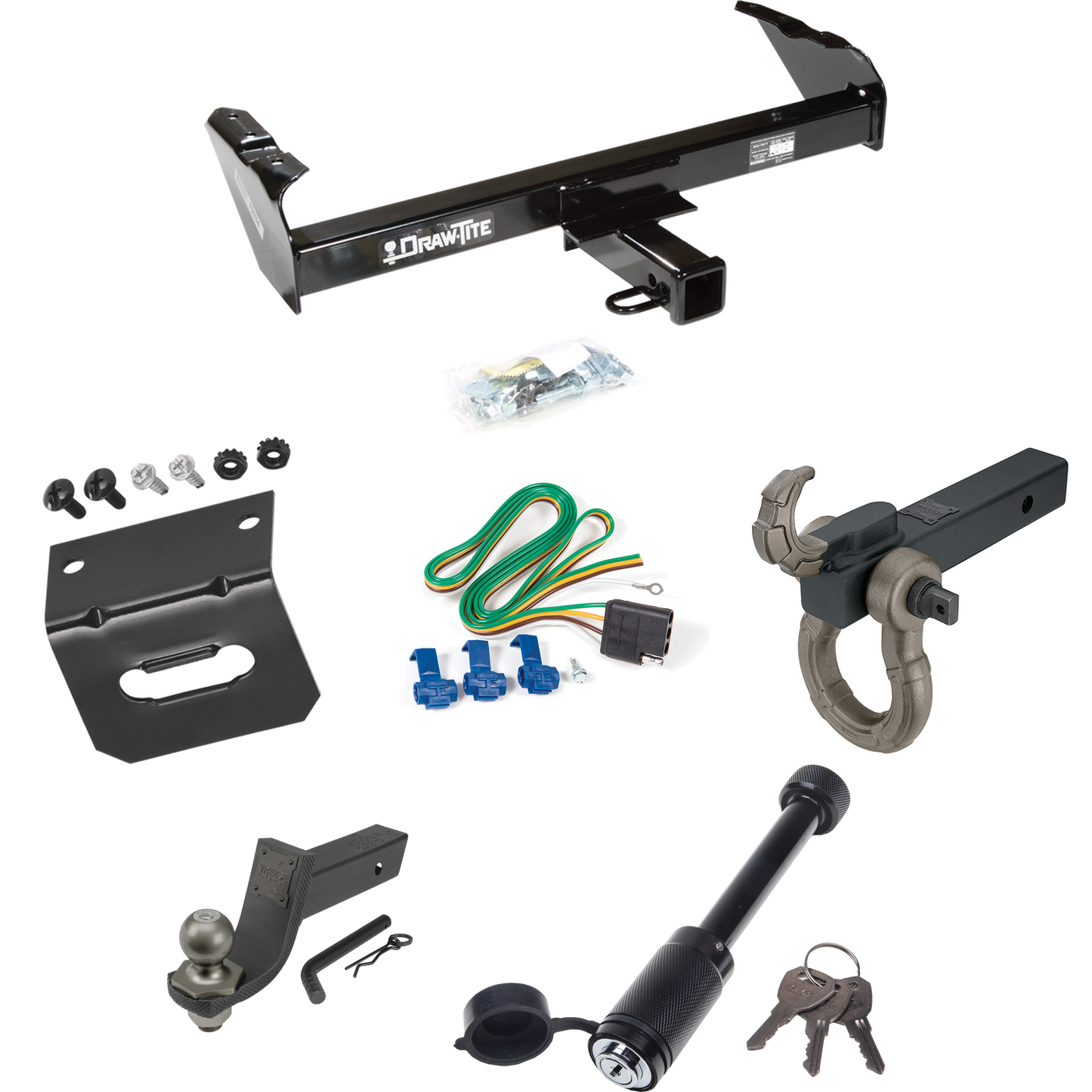 Fits 1963-1965 GMC 1500 Series Trailer Hitch Tow PKG w/ 4-Flat Wiring + Interlock Tactical Starter Kit w/ 3-1/4" Drop & 2" Ball + Tactical Hook & Shackle Mount + Tactical Dogbone Lock + Wiring Bracket By Draw-Tite