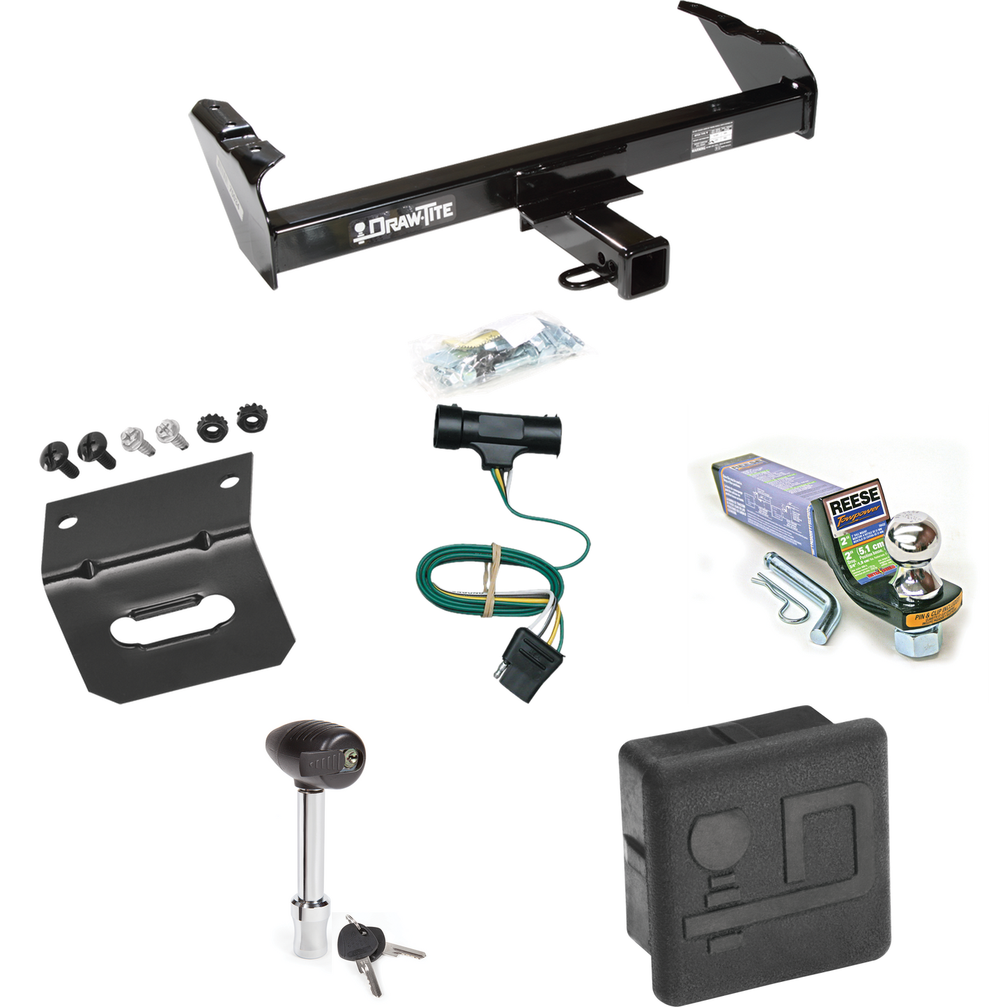 Fits 1979-1984 GMC K3500 Trailer Hitch Tow PKG w/ 4-Flat Wiring + Starter Kit Ball Mount w/ 2" Drop & 1-7/8" Ball + Wiring Bracket + Hitch Lock + Hitch Cover By Draw-Tite