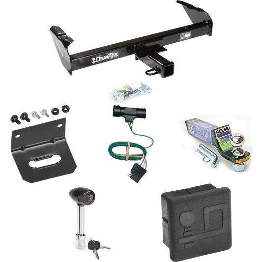 Fits 1979-1984 GMC K3500 Trailer Hitch Tow PKG w/ 4-Flat Wiring + Starter Kit Ball Mount w/ 2" Drop & 1-7/8" Ball + Wiring Bracket + Hitch Lock + Hitch Cover By Draw-Tite