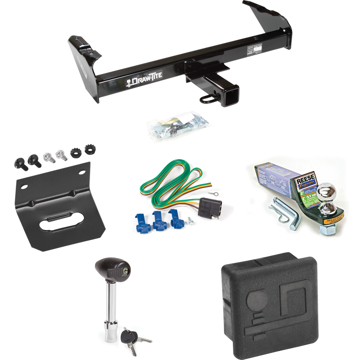 Fits 1985-1986 Chevrolet C10 Trailer Hitch Tow PKG w/ 4-Flat Wiring + Starter Kit Ball Mount w/ 2" Drop & 1-7/8" Ball + Wiring Bracket + Hitch Lock + Hitch Cover By Draw-Tite