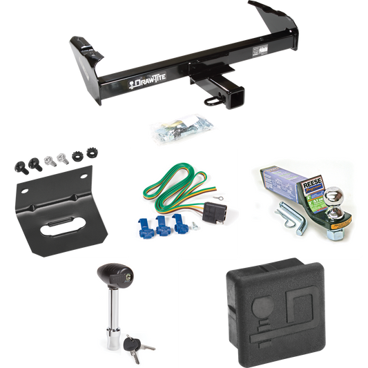 Fits 1985-1986 Chevrolet C10 Trailer Hitch Tow PKG w/ 4-Flat Wiring + Starter Kit Ball Mount w/ 2" Drop & 1-7/8" Ball + Wiring Bracket + Hitch Lock + Hitch Cover By Draw-Tite