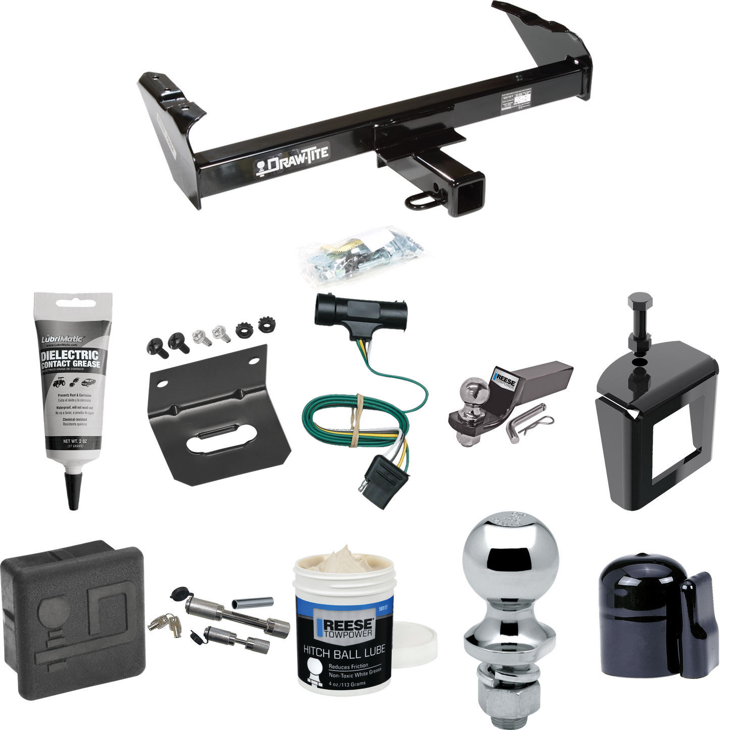 Fits 1979-1984 GMC K3500 Trailer Hitch Tow PKG w/ 4-Flat Wiring + Starter Kit Ball Mount w/ 2" Drop & 2" Ball + 1-7/8" Ball + Wiring Bracket + Dual Hitch & Coupler Locks + Hitch Cover + Wiring Tester + Ball Lube +Electric Grease + Ball Wrench + Anti