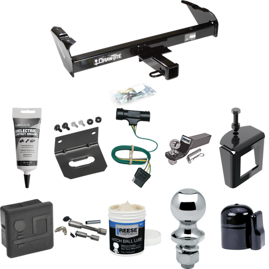 Fits 1979-1984 GMC K3500 Trailer Hitch Tow PKG w/ 4-Flat Wiring + Starter Kit Ball Mount w/ 2" Drop & 2" Ball + 1-7/8" Ball + Wiring Bracket + Dual Hitch & Coupler Locks + Hitch Cover + Wiring Tester + Ball Lube +Electric Grease + Ball Wrench + Anti