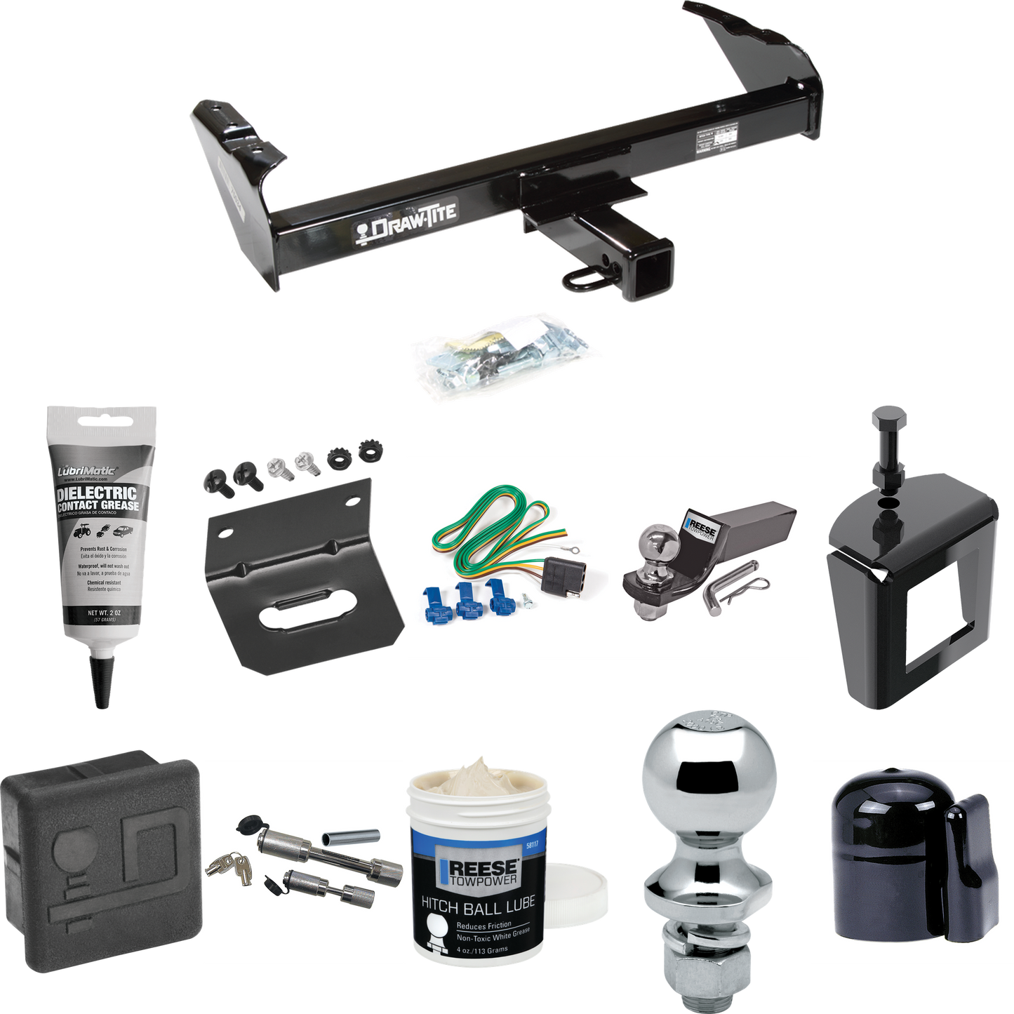 Fits 1985-1986 GMC K1500 Trailer Hitch Tow PKG w/ 4-Flat Wiring + Starter Kit Ball Mount w/ 2" Drop & 2" Ball + 1-7/8" Ball + Wiring Bracket + Dual Hitch & Coupler Locks + Hitch Cover + Wiring Tester + Ball Lube +Electric Grease + Ball Wrench + Anti