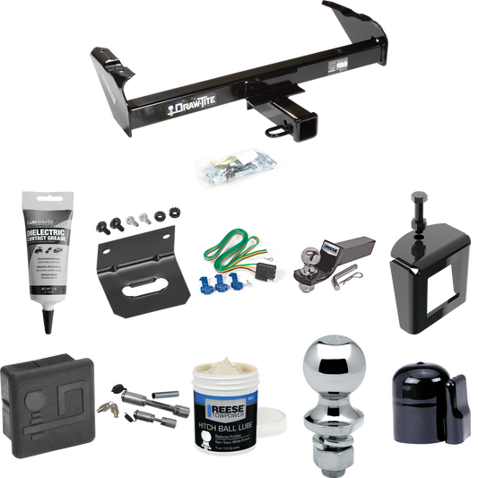 Fits 1985-1986 GMC K1500 Trailer Hitch Tow PKG w/ 4-Flat Wiring + Starter Kit Ball Mount w/ 2" Drop & 2" Ball + 1-7/8" Ball + Wiring Bracket + Dual Hitch & Coupler Locks + Hitch Cover + Wiring Tester + Ball Lube +Electric Grease + Ball Wrench + Anti