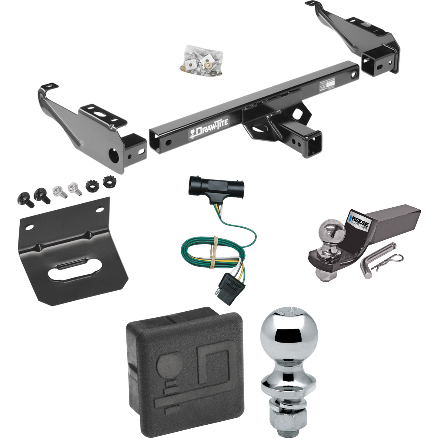 Fits 1979-1984 GMC C1500 Trailer Hitch Tow PKG w/ 4-Flat Wiring + Starter Kit Ball Mount w/ 2" Drop & 2" Ball + 1-7/8" Ball + Wiring Bracket + Hitch Cover By Draw-Tite