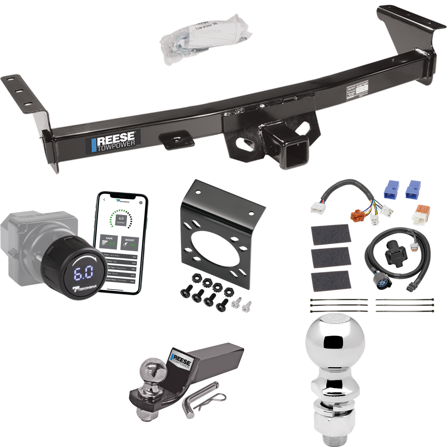 Fits 2009-2012 Suzuki Equator Trailer Hitch Tow PKG w/ Tekonsha Prodigy iD Bluetooth Wireless Brake Control + 7-Way RV Wiring + 2" & 2-5/16" Ball & Drop Mount By Reese Towpower