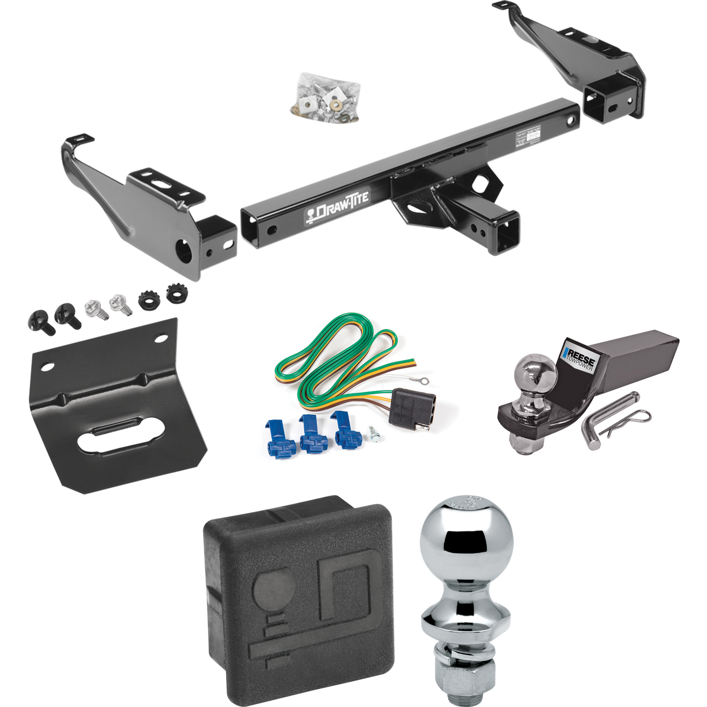 Fits 1985-1986 GMC C2500 Trailer Hitch Tow PKG w/ 4-Flat Wiring + Starter Kit Ball Mount w/ 2" Drop & 2" Ball + 1-7/8" Ball + Wiring Bracket + Hitch Cover By Draw-Tite