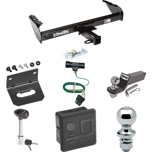 Fits 1973-1984 Chevrolet K10 Trailer Hitch Tow PKG w/ 4-Flat Wiring + Starter Kit Ball Mount w/ 2" Drop & 2" Ball + 1-7/8" Ball + Wiring Bracket + Hitch Lock + Hitch Cover By Draw-Tite