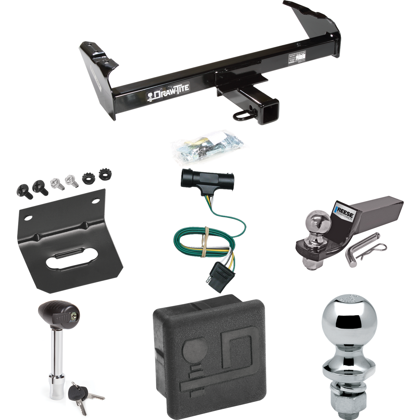 Fits 1973-1984 Chevrolet K10 Trailer Hitch Tow PKG w/ 4-Flat Wiring + Starter Kit Ball Mount w/ 2" Drop & 2" Ball + 1-7/8" Ball + Wiring Bracket + Hitch Lock + Hitch Cover By Draw-Tite