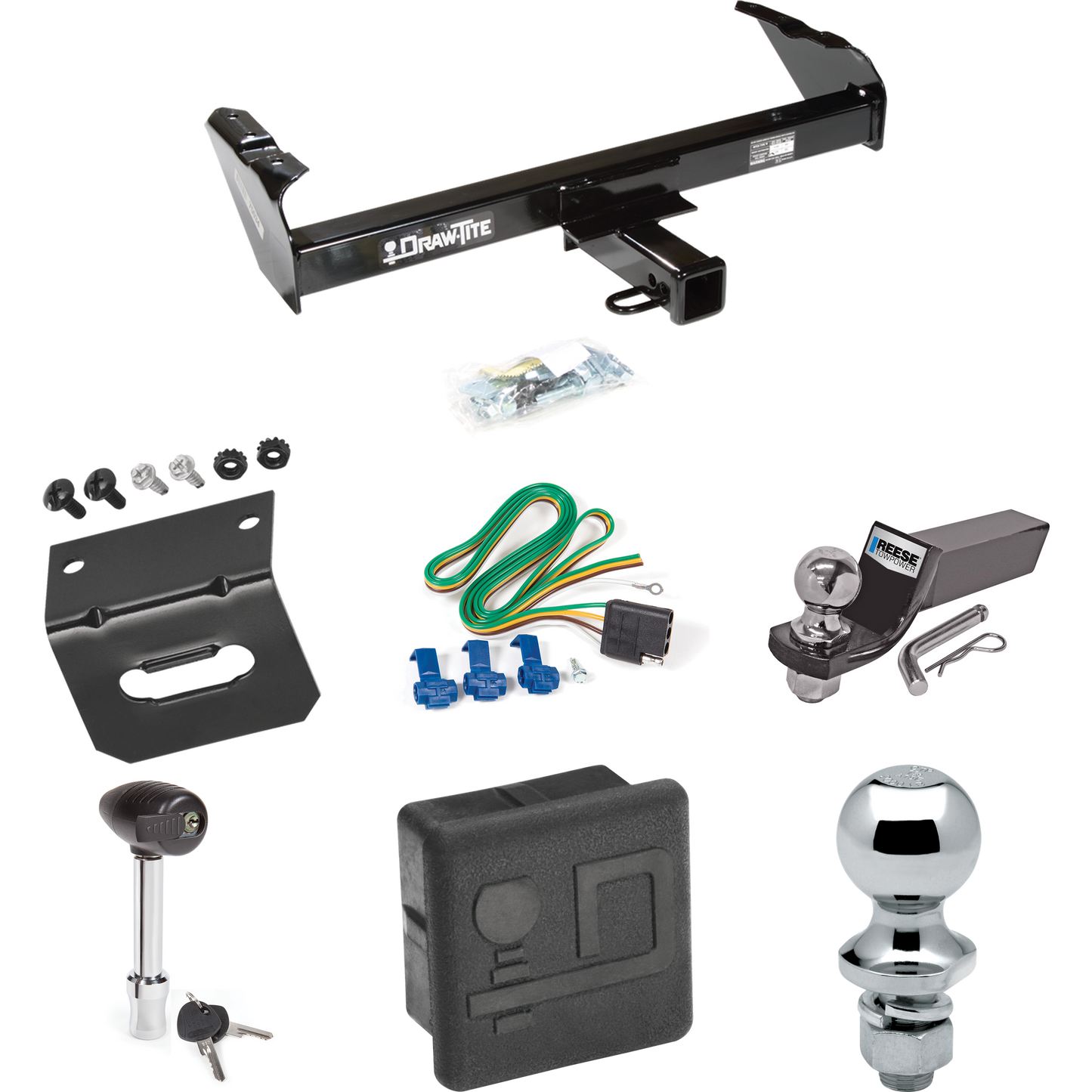 Fits 1985-1986 Chevrolet K10 Trailer Hitch Tow PKG w/ 4-Flat Wiring + Starter Kit Ball Mount w/ 2" Drop & 2" Ball + 1-7/8" Ball + Wiring Bracket + Hitch Lock + Hitch Cover By Draw-Tite