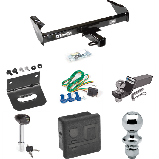 Fits 1985-1986 Chevrolet K10 Trailer Hitch Tow PKG w/ 4-Flat Wiring + Starter Kit Ball Mount w/ 2" Drop & 2" Ball + 1-7/8" Ball + Wiring Bracket + Hitch Lock + Hitch Cover By Draw-Tite