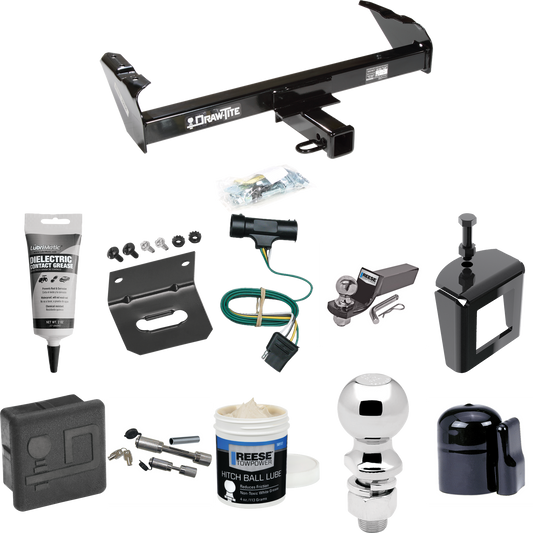 Fits 1977-1978 GMC K35 Trailer Hitch Tow PKG w/ 4-Flat Wiring + Starter Kit Ball Mount w/ 2" Drop & 2" Ball + 2-5/16" Ball + Wiring Bracket + Dual Hitch & Coupler Locks + Hitch Cover + Wiring Tester + Ball Lube +Electric Grease + Ball Wrench + Anti R