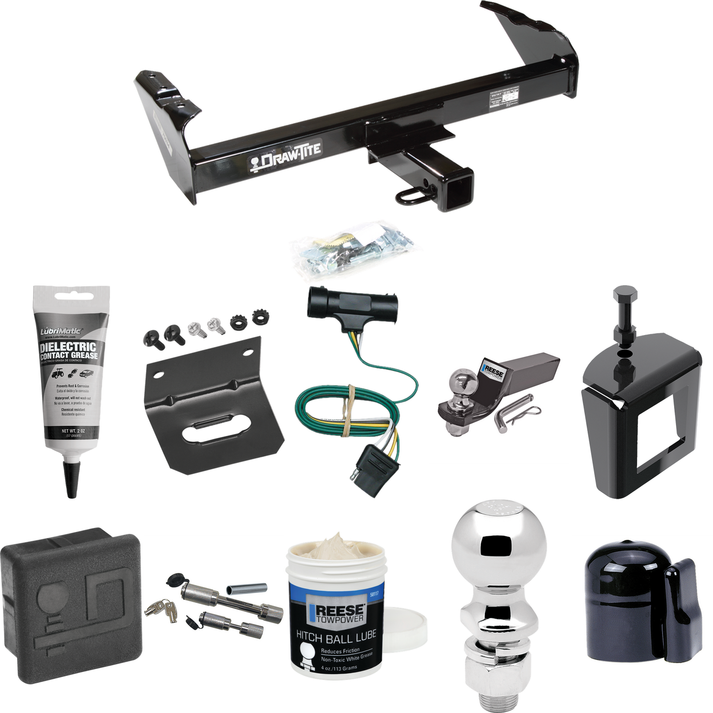 Fits 1967-1978 GMC K25 Trailer Hitch Tow PKG w/ 4-Flat Wiring + Starter Kit Ball Mount w/ 2" Drop & 2" Ball + 2-5/16" Ball + Wiring Bracket + Dual Hitch & Coupler Locks + Hitch Cover + Wiring Tester + Ball Lube +Electric Grease + Ball Wrench + Anti R