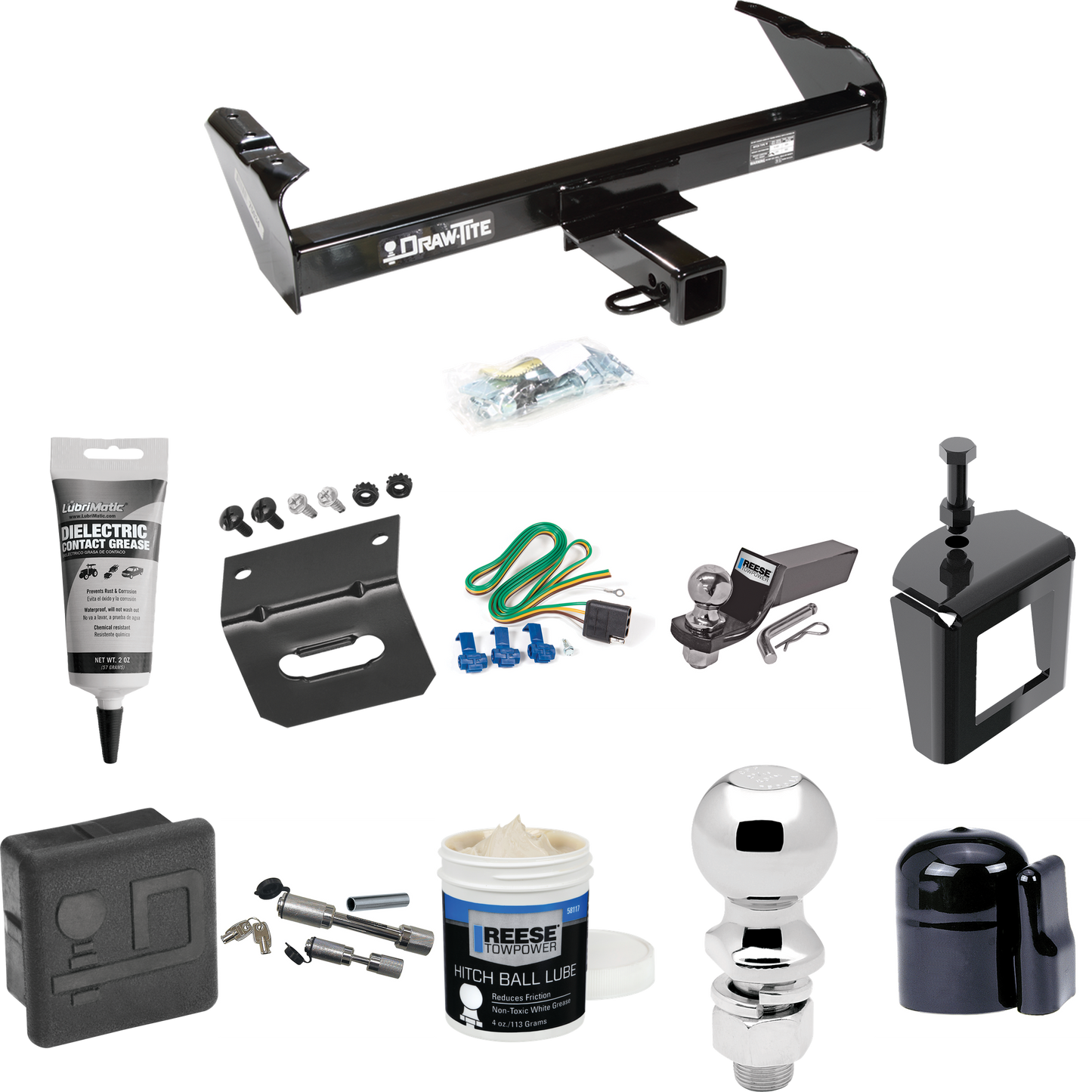 Fits 1985-1986 GMC K1500 Trailer Hitch Tow PKG w/ 4-Flat Wiring + Starter Kit Ball Mount w/ 2" Drop & 2" Ball + 2-5/16" Ball + Wiring Bracket + Dual Hitch & Coupler Locks + Hitch Cover + Wiring Tester + Ball Lube +Electric Grease + Ball Wrench + Anti