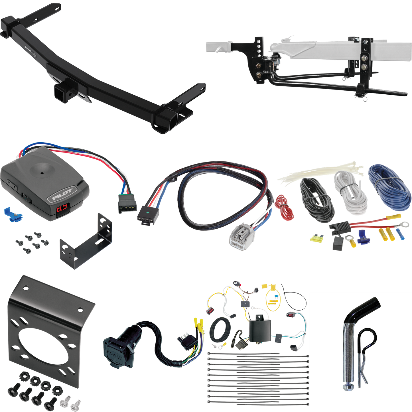 Fits 2022-2023 Jeep Grand Cherokee WK Trailer Hitch Tow PKG w/ 8K Round Bar Weight Distribution Hitch w/ 2-5/16" Ball + Pin/Clip + Pro Series Pilot Brake Control + Plug & Play BC Adapter + 7-Way RV Wiring By Draw-Tite