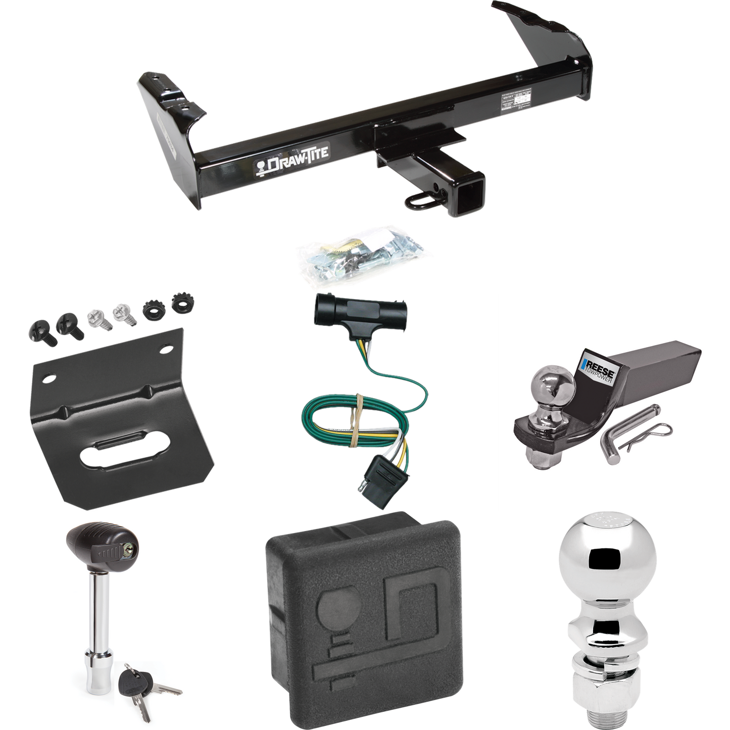 Fits 1979-1984 GMC K2500 Trailer Hitch Tow PKG w/ 4-Flat Wiring + Starter Kit Ball Mount w/ 2" Drop & 2" Ball + 2-5/16" Ball + Wiring Bracket + Hitch Lock + Hitch Cover By Draw-Tite