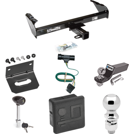 Fits 1979-1984 GMC K2500 Trailer Hitch Tow PKG w/ 4-Flat Wiring + Starter Kit Ball Mount w/ 2" Drop & 2" Ball + 2-5/16" Ball + Wiring Bracket + Hitch Lock + Hitch Cover By Draw-Tite