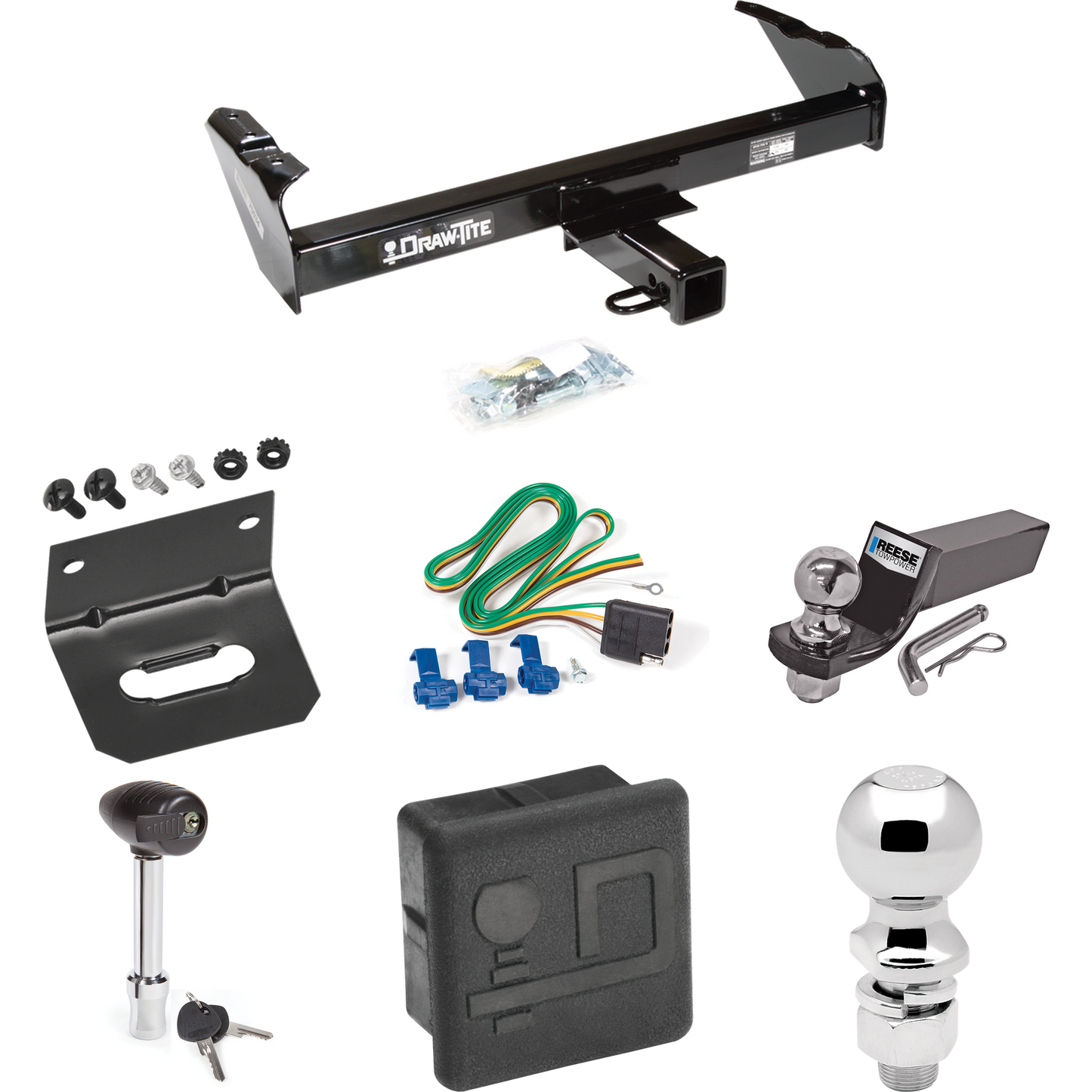 Fits 1974-1974 International 100 Trailer Hitch Tow PKG w/ 4-Flat Wiring + Starter Kit Ball Mount w/ 2" Drop & 2" Ball + 2-5/16" Ball + Wiring Bracket + Hitch Lock + Hitch Cover By Draw-Tite