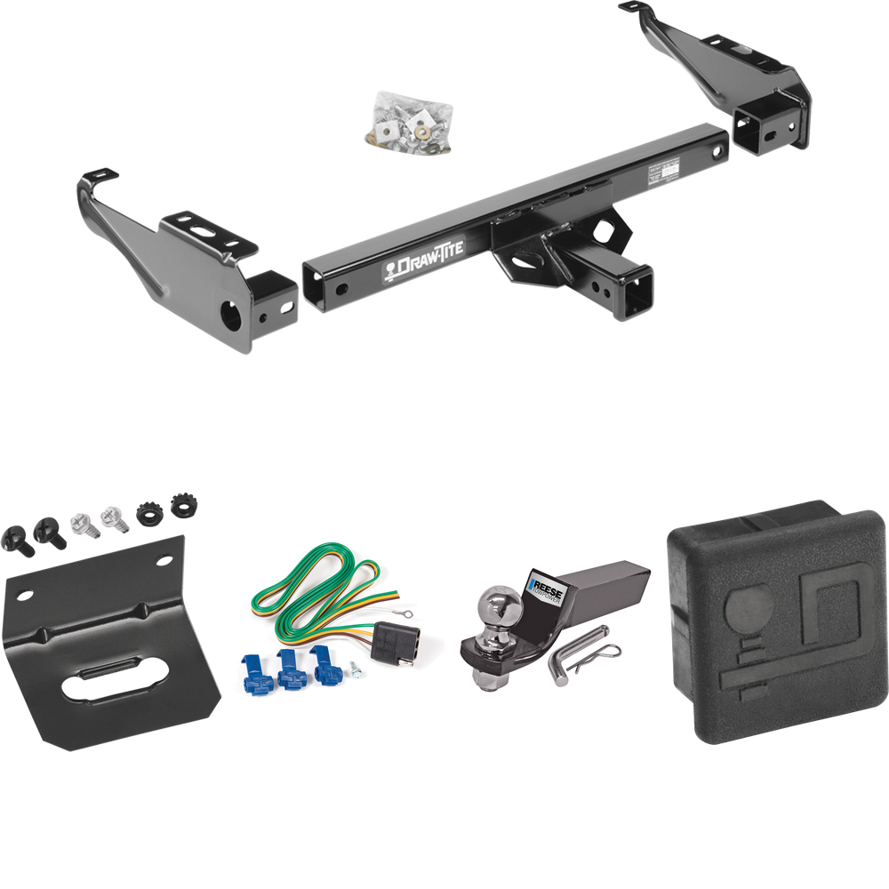 Fits 1980-1986 Ford F-350 Trailer Hitch Tow PKG w/ 4-Flat Wiring + Starter Kit Ball Mount w/ 2" Drop & 2" Ball + Wiring Bracket + Hitch Cover (Excludes: w/Custom Fascia Models) By Draw-Tite