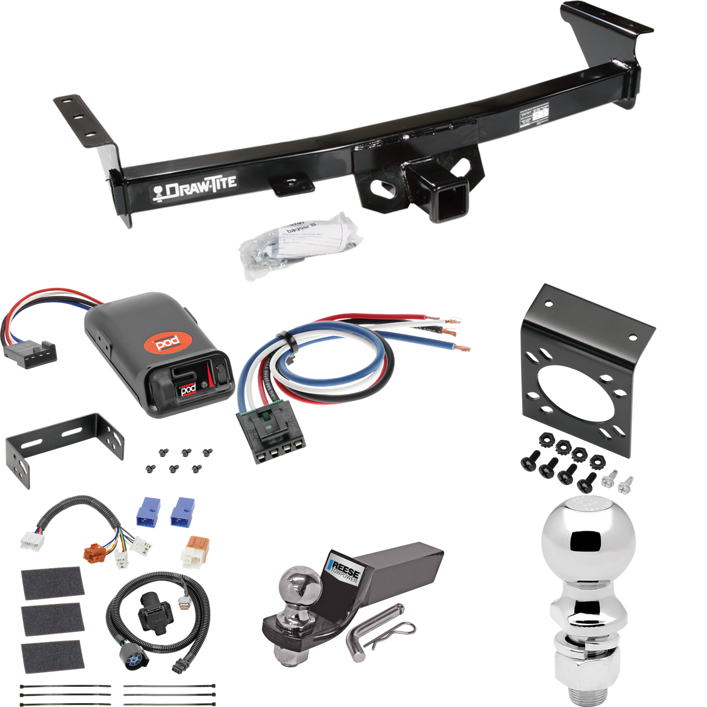 Se adapta al paquete de enganche de remolque Suzuki Equator 2009-2012 con control de freno POD serie Pro + adaptador de cableado BC genérico + cableado RV de 7 vías + soporte de bola y caída de 2" y 2-5/16" de Draw-Tite