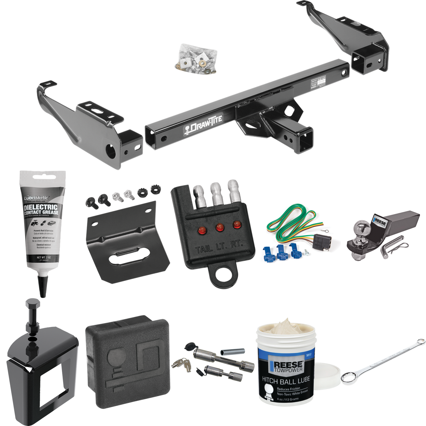 Fits 1985-1986 Chevrolet C30 Trailer Hitch Tow PKG w/ 4-Flat Wiring + Starter Kit Ball Mount w/ 2" Drop & 2" Ball + Wiring Bracket + Hitch Cover + Dual Hitch & Coupler Locks + Wiring Tester + Ball Lube + Electric Grease + Ball Wrench + Anti Rattle De