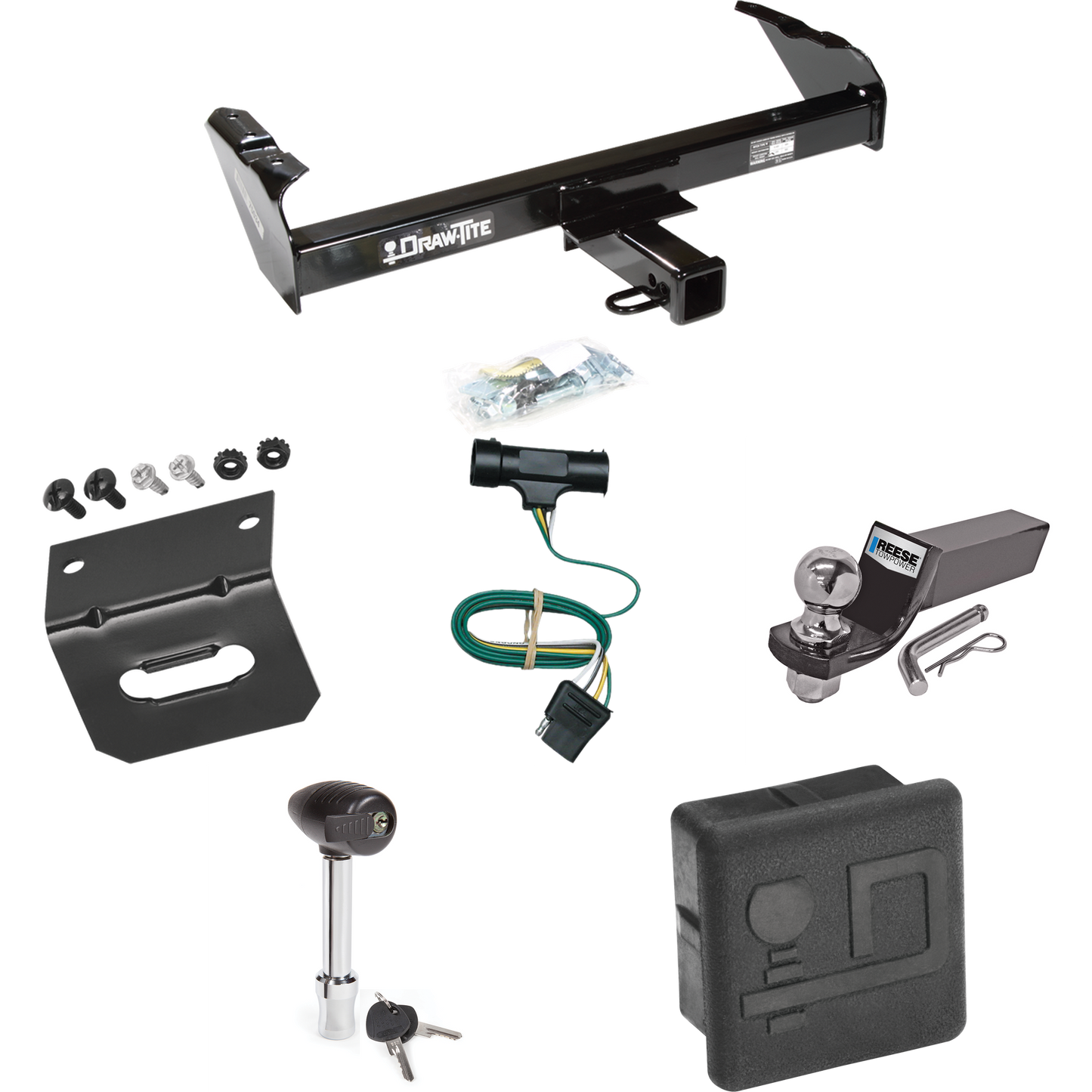 Fits 1967-1978 GMC K25 Trailer Hitch Tow PKG w/ 4-Flat Wiring + Starter Kit Ball Mount w/ 2" Drop & 2" Ball + Wiring Bracket + Hitch Lock + Hitch Cover By Draw-Tite