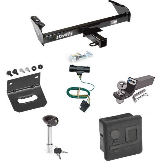 Fits 1975-1978 GMC K15 Trailer Hitch Tow PKG w/ 4-Flat Wiring + Starter Kit Ball Mount w/ 2" Drop & 2" Ball + Wiring Bracket + Hitch Lock + Hitch Cover By Draw-Tite