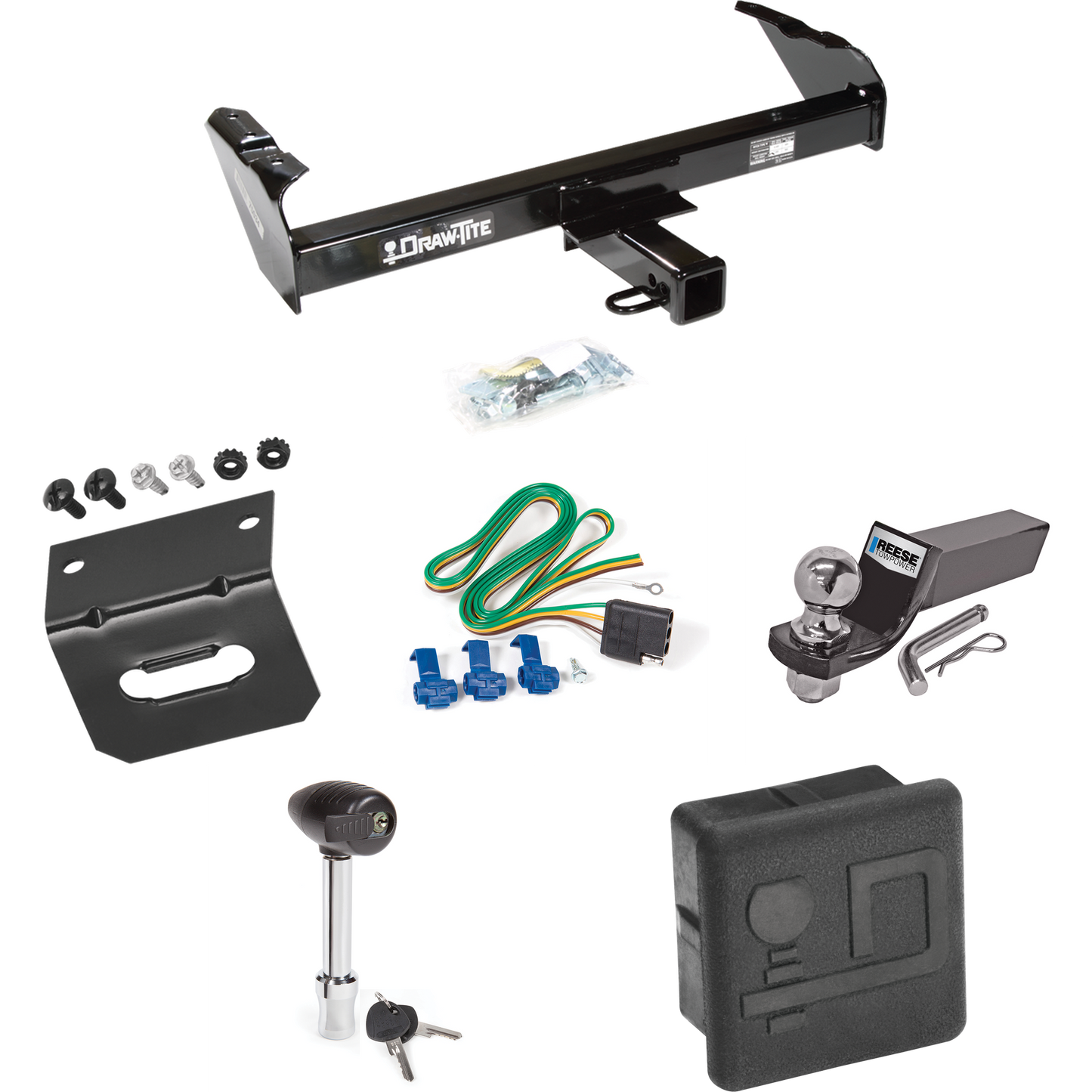 Fits 1963-1972 Chevrolet K10 Trailer Hitch Tow PKG w/ 4-Flat Wiring + Starter Kit Ball Mount w/ 2" Drop & 2" Ball + Wiring Bracket + Hitch Lock + Hitch Cover By Draw-Tite