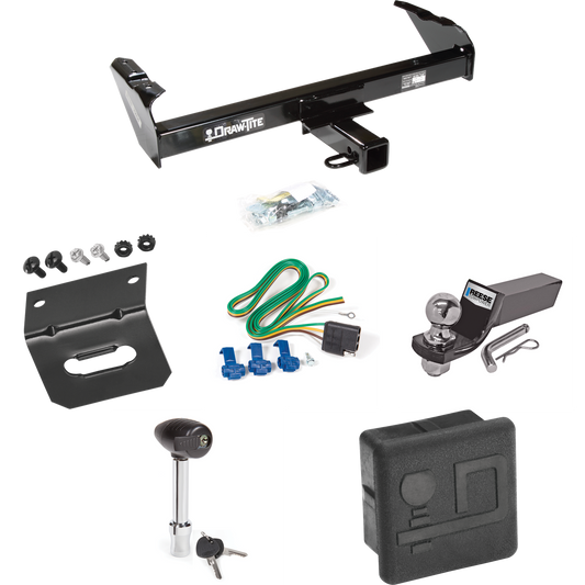 Fits 1963-1972 Chevrolet K10 Trailer Hitch Tow PKG w/ 4-Flat Wiring + Starter Kit Ball Mount w/ 2" Drop & 2" Ball + Wiring Bracket + Hitch Lock + Hitch Cover By Draw-Tite