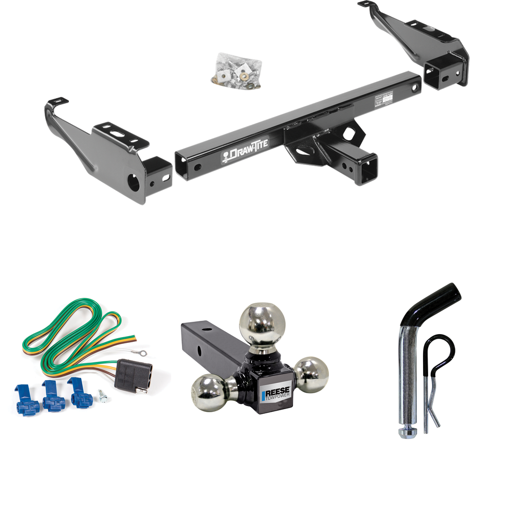 Fits 1986-1989 Dodge D100 Trailer Hitch Tow PKG w/ 4-Flat Wiring + Triple Ball Ball Mount 1-7/8" & 2" & 2-5/16" Trailer Balls + Pin/Clip By Draw-Tite