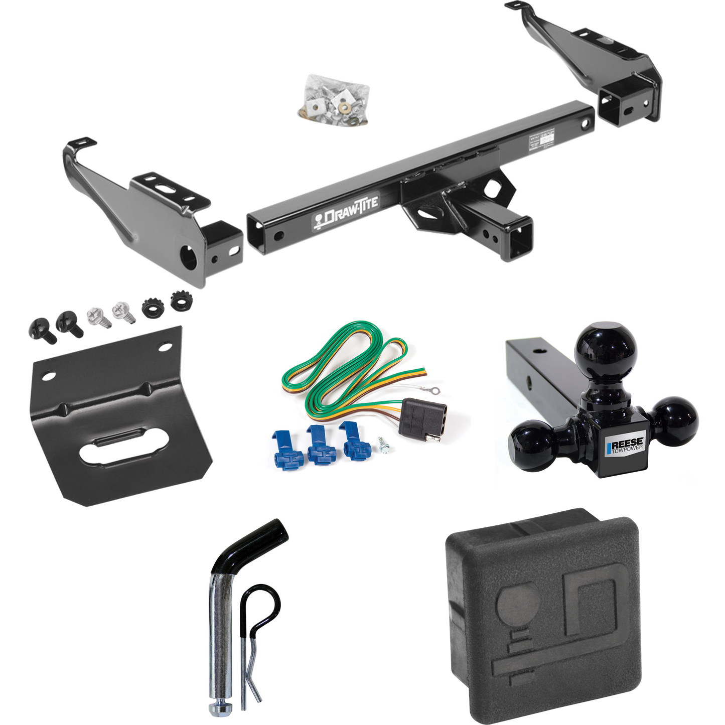 Fits 1967-1980 Dodge W300 Trailer Hitch Tow PKG w/ 4-Flat Wiring + Triple Ball Ball Mount 1-7/8" & 2" & 2-5/16" Trailer Balls + Pin/Clip + Wiring Bracket + Hitch Cover By Draw-Tite