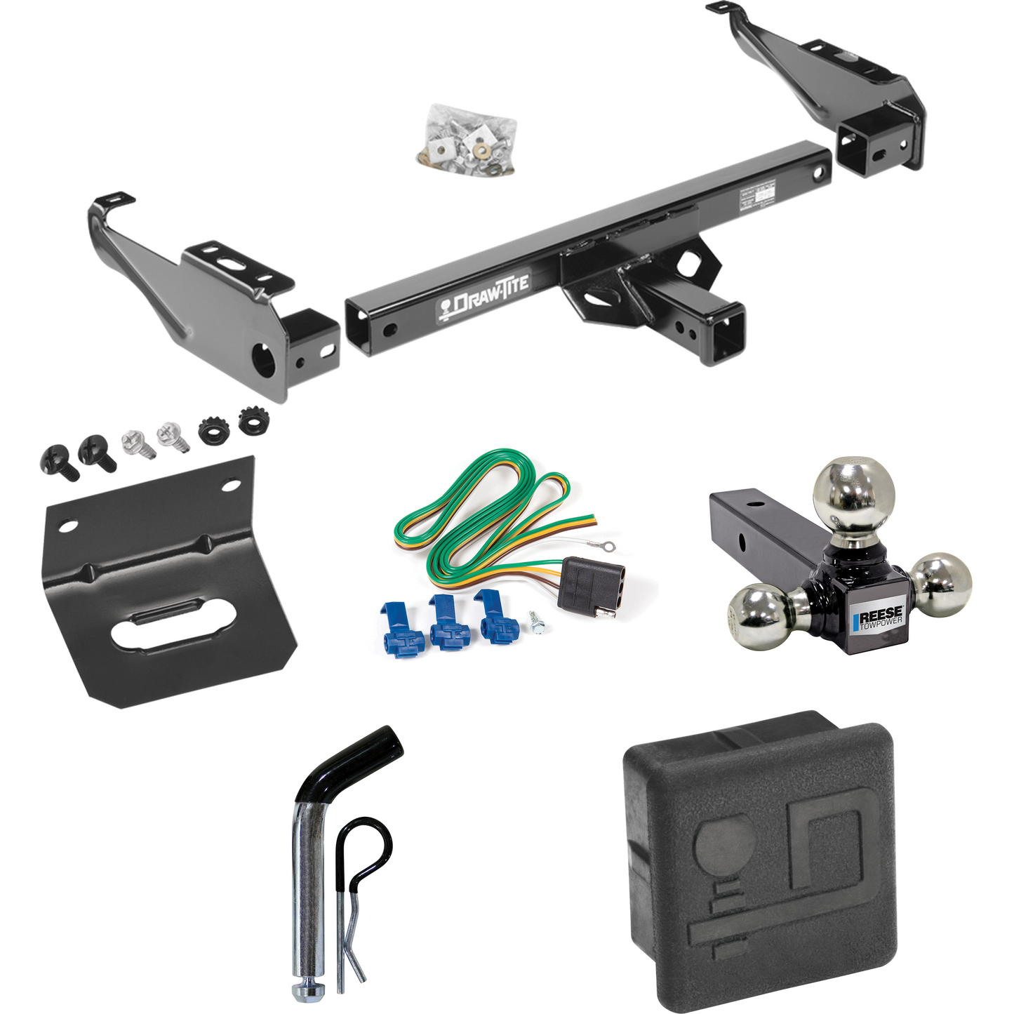 Fits 1981-1993 Dodge D350 Trailer Hitch Tow PKG w/ 4-Flat Wiring + Triple Ball Ball Mount 1-7/8" & 2" & 2-5/16" Trailer Balls + Pin/Clip + Wiring Bracket + Hitch Cover By Draw-Tite