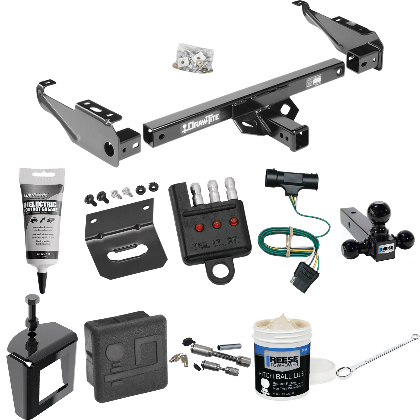 Fits 1973-1984 Chevrolet C10 Trailer Hitch Tow PKG w/ 4-Flat Wiring + Triple Ball Ball Mount 1-7/8" & 2" & 2-5/16" Trailer Balls + Wiring Bracket + Hitch Cover + Dual Hitch & Coupler Locks + Wiring Tester + Ball Lube + Electric Grease + Ball Wrench +