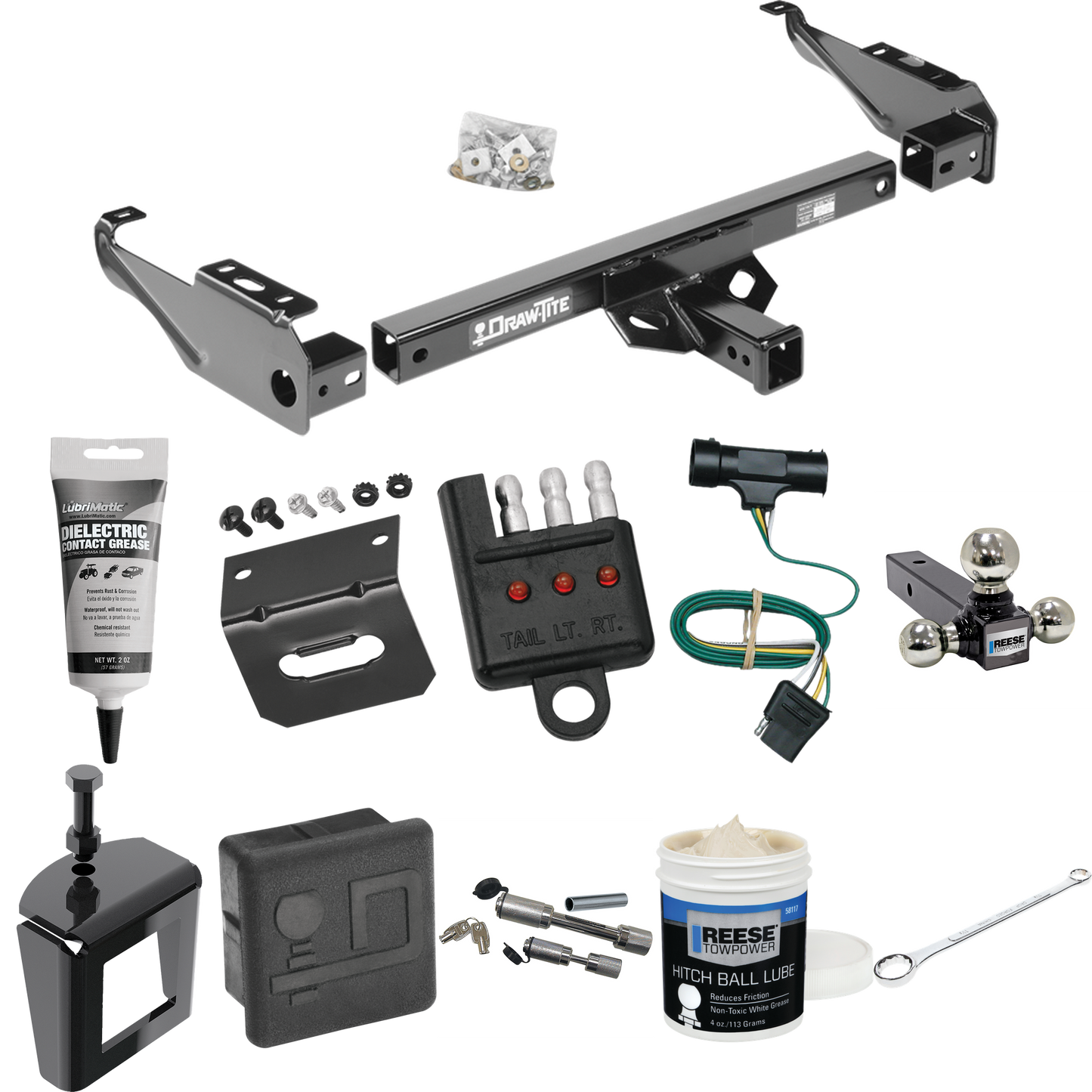 Fits 1973-1984 Chevrolet C30 Trailer Hitch Tow PKG w/ 4-Flat Wiring + Triple Ball Ball Mount 1-7/8" & 2" & 2-5/16" Trailer Balls + Wiring Bracket + Hitch Cover + Dual Hitch & Coupler Locks + Wiring Tester + Ball Lube + Electric Grease + Ball Wrench +