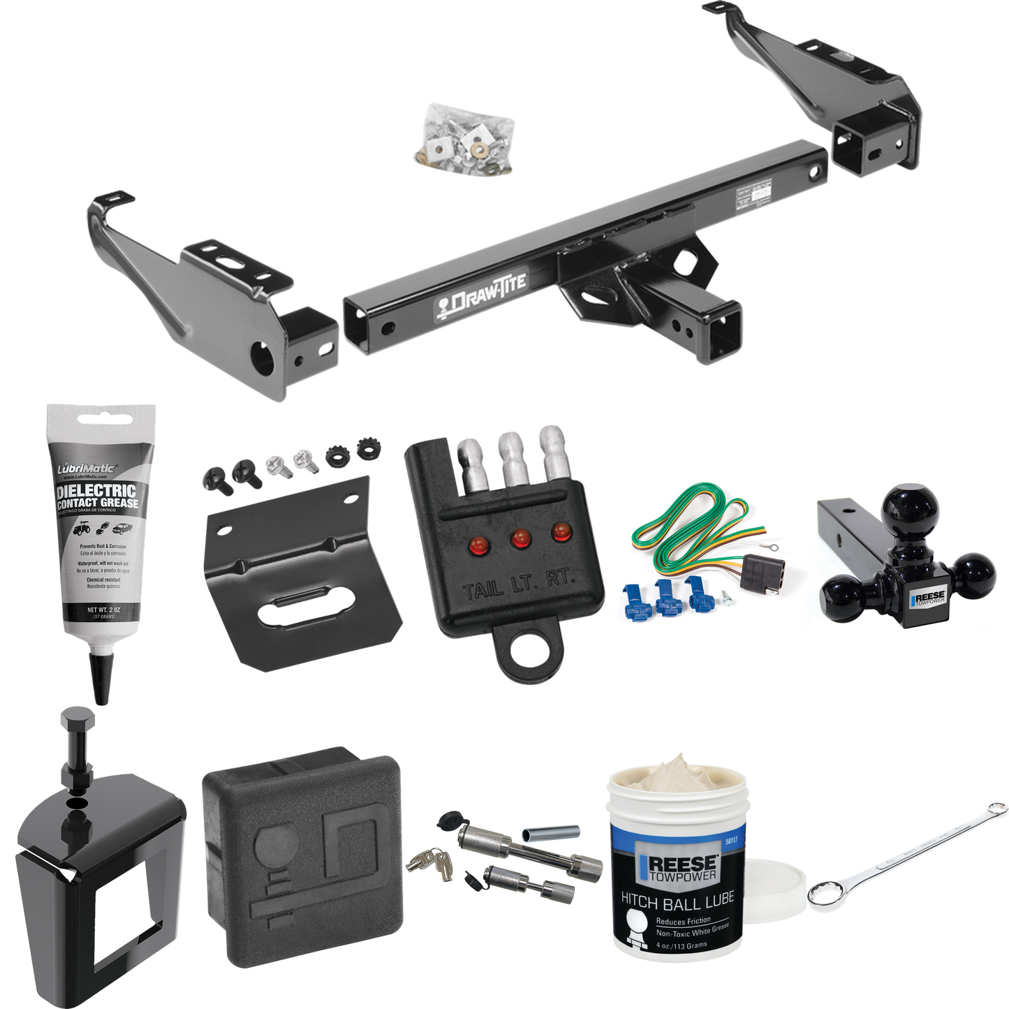 Fits 1968-1980 Dodge D300 Trailer Hitch Tow PKG w/ 4-Flat Wiring + Triple Ball Ball Mount 1-7/8" & 2" & 2-5/16" Trailer Balls + Wiring Bracket + Hitch Cover + Dual Hitch & Coupler Locks + Wiring Tester + Ball Lube + Electric Grease + Ball Wrench + An