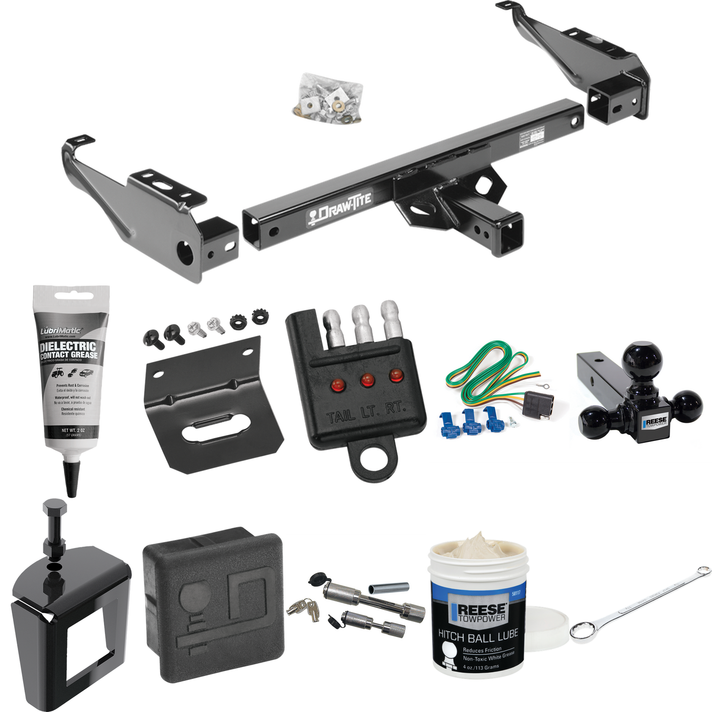 Fits 1963-1965 GMC 1500 Series Trailer Hitch Tow PKG w/ 4-Flat Wiring + Triple Ball Ball Mount 1-7/8" & 2" & 2-5/16" Trailer Balls + Wiring Bracket + Hitch Cover + Dual Hitch & Coupler Locks + Wiring Tester + Ball Lube + Electric Grease + Ball Wrench
